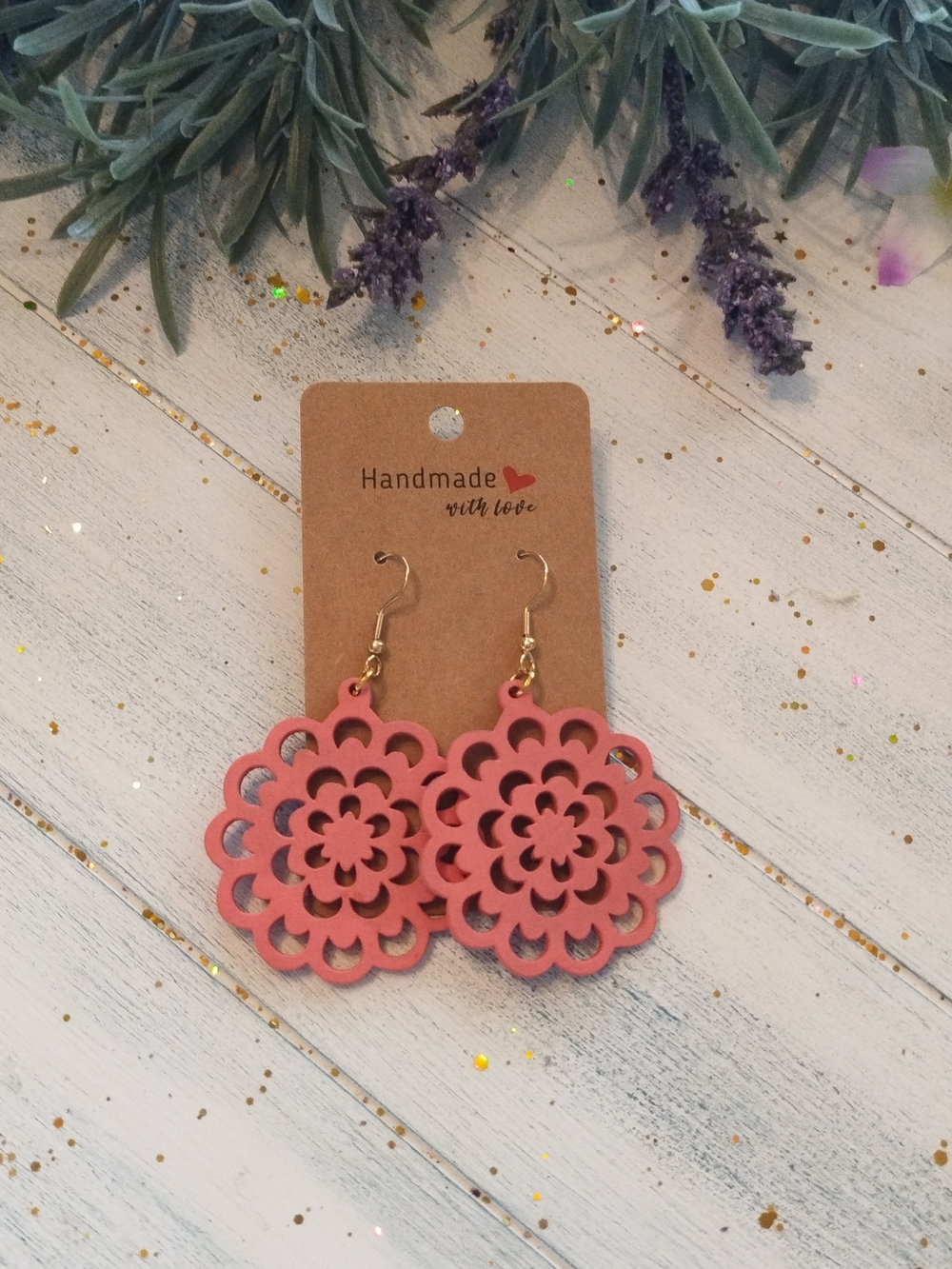 Handmade Wooden Coral Pink Floral Cutout Earrings